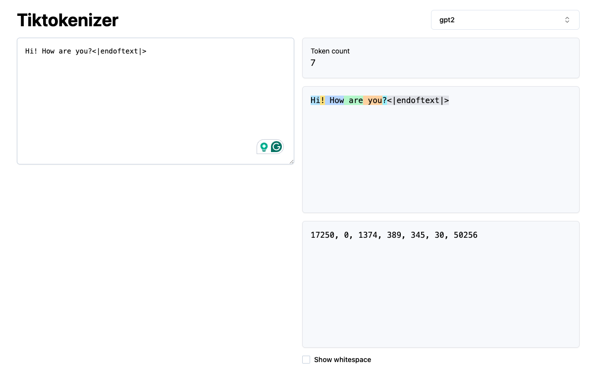 Screenshot from tiktoken webapp. Note that the <|endoftext|> token is the last token in the vocabulary corresponding to token id 50256.