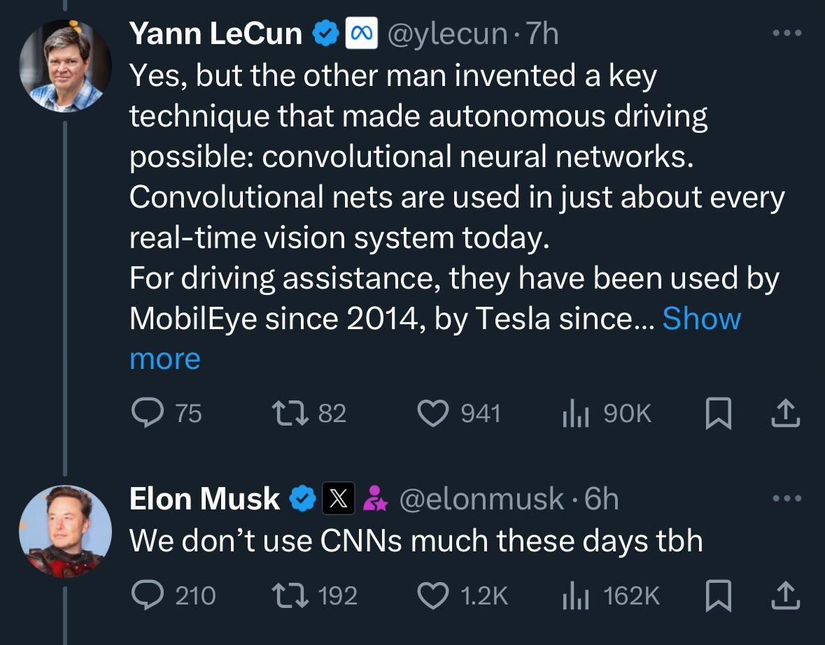 Elon Musk confirming that Tesla has transitioned from CNNs (originally pioneered by Yann LeCun) to Transformer-based vision models.